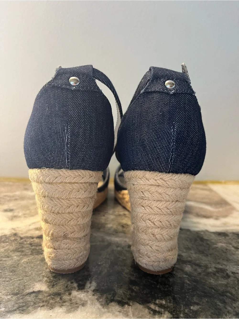 UNISA Blue Denim Espadrilles Med Heel Ankle Strap Size 9 MINT Ankle Strap